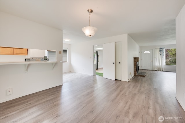 605 W Euclid Ave, Shelton, WA 98584 - unfurnished living room featuring a fireplace, light wood-style flooring, and baseboards