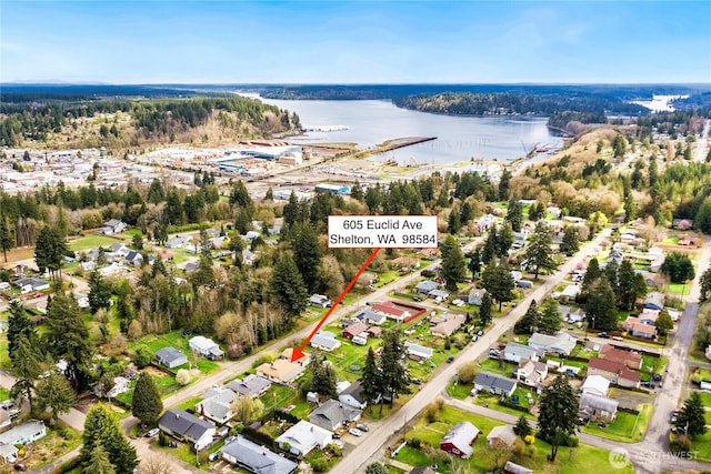 605 W Euclid Ave, Shelton, WA 98584 - aerial view of property's location with a large body of water and nearby suburban area