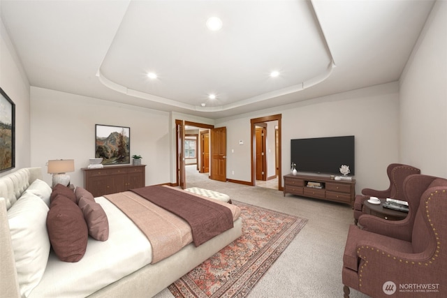 13809 172nd Pl E, Puyallup, WA 98374 - bedroom featuring light carpet, recessed lighting, a raised ceiling, and baseboards