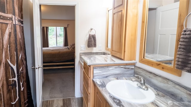 bathroom with vanity, wood finished floors, and ensuite bathroom