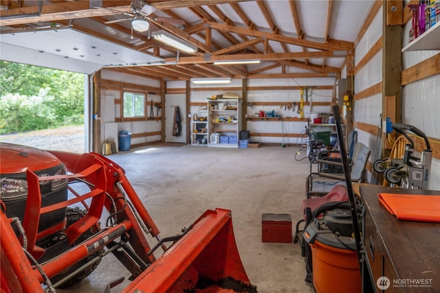 garage with a ceiling fan