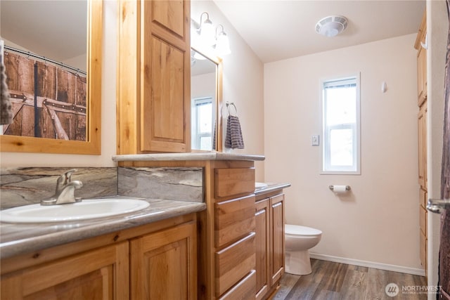 bathroom featuring vanity, toilet, wood finished floors, and baseboards