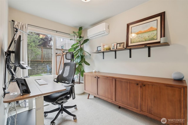 office space with a wall mounted AC and light colored carpet