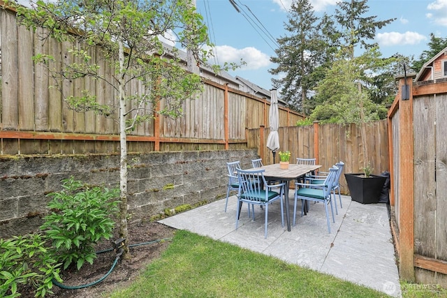 view of patio / terrace with a fenced backyard and outdoor dining area