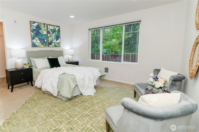 bedroom with light carpet, baseboards, and recessed lighting
