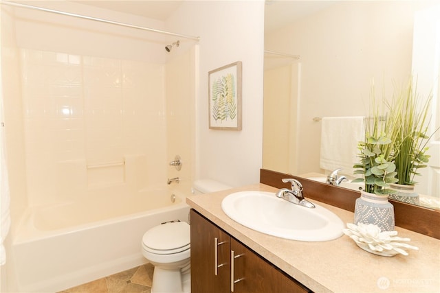 full bath featuring toilet, shower / bath combination, vanity, and tile patterned floors