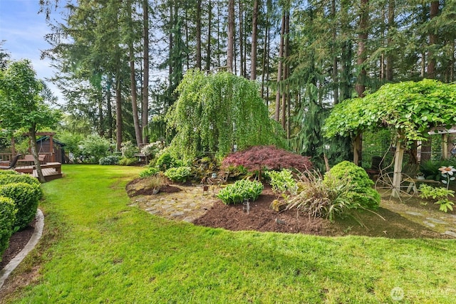 2124 213th Street Ct E, Spanaway, WA 98387 - view of grassy yard featuring a deck and view of scattered trees