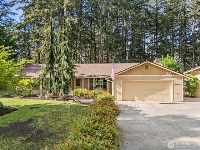 2124 213th Street Ct E, Spanaway, WA 98387 - single story home with a garage, a chimney, driveway, a front yard, and a shingled roof