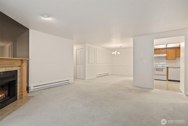 4106 Factoria Blvd SE Unit 216, Bellevue, WA 98006 - unfurnished living room with a baseboard heating unit, a baseboard radiator, a fireplace, a chandelier, and light carpet