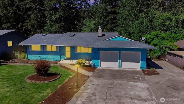 10910 114th Ave SW, Tacoma, WA 98498 - single story home with driveway, an attached garage, a shingled roof, a chimney, and a front yard