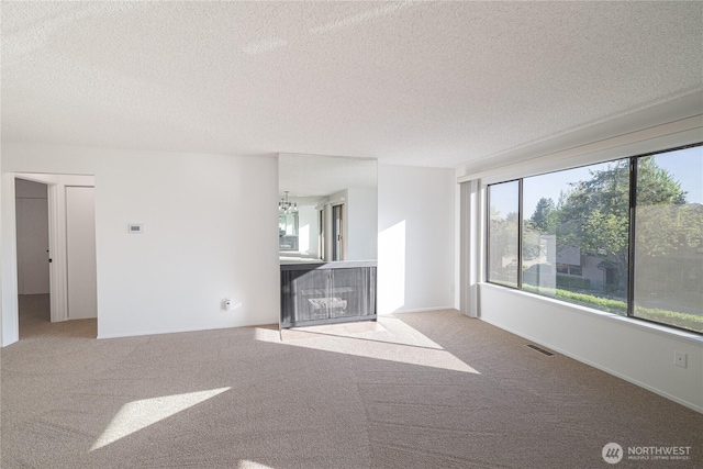 unfurnished living room with carpet floors and a textured ceiling