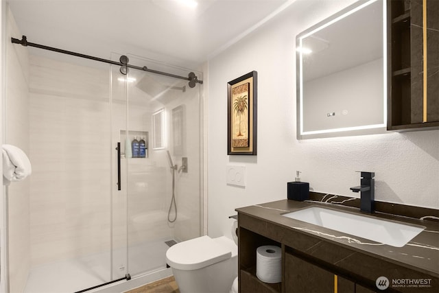 bathroom featuring toilet, a shower stall, and vanity