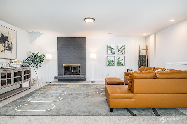 900 Sea Vista Pl, Edmonds, WA 98020 - living room with a fireplace, carpet, and recessed lighting