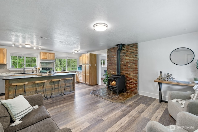 13520 Burn Rd, Arlington, WA 98223 - living area featuring a wood stove, wood finished floors, a textured ceiling, and baseboards