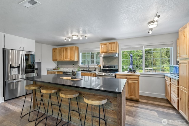 13520 Burn Rd, Arlington, WA 98223 - kitchen with stainless steel appliances, under cabinet range hood, a sink, wood finished floors, and a textured ceiling