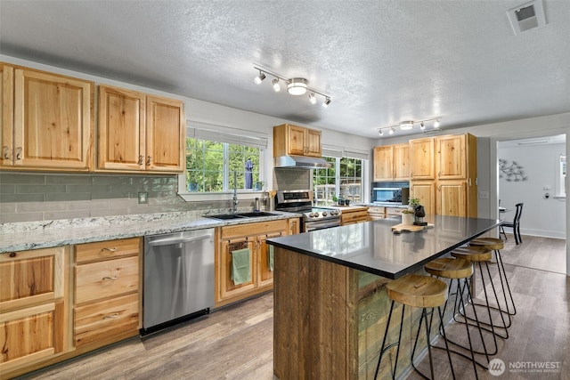 13520 Burn Rd, Arlington, WA 98223 - kitchen featuring appliances with stainless steel finishes, a sink, light wood-style flooring, under cabinet range hood, and a kitchen bar