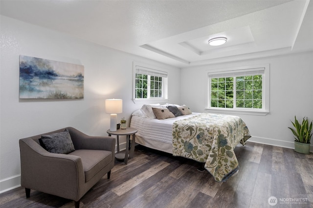 13520 Burn Rd, Arlington, WA 98223 - bedroom featuring a raised ceiling, dark wood-style floors, and baseboards