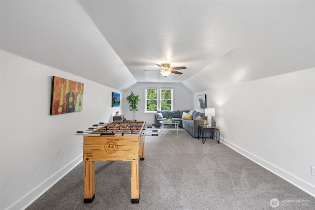 13520 Burn Rd, Arlington, WA 98223 - game room featuring vaulted ceiling, carpet, a ceiling fan, and baseboards
