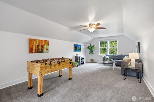 13520 Burn Rd, Arlington, WA 98223 - playroom featuring lofted ceiling, carpet floors, a ceiling fan, and baseboards