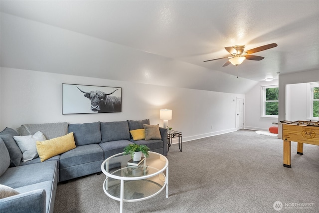 13520 Burn Rd, Arlington, WA 98223 - carpeted living room featuring a ceiling fan, lofted ceiling, and baseboards
