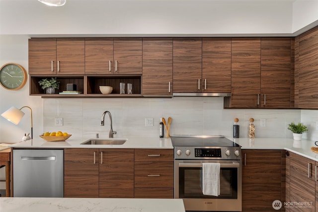 11903 NE 128th St Unit 612, Kirkland, WA 98034 - kitchen with appliances with stainless steel finishes, a sink, open shelves, backsplash, and modern cabinets