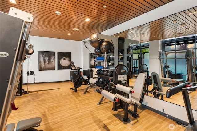 11903 NE 128th St Unit 612, Kirkland, WA 98034 - exercise room with wood finished floors, a wall of windows, wooden ceiling, and baseboards