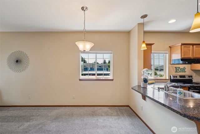 kitchen with light carpet, baseboards, a sink, and decorative light fixtures