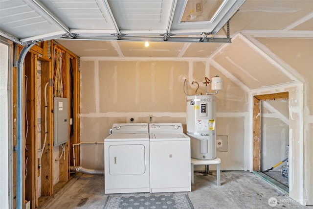 laundry area featuring washer / clothes dryer, secured water heater, a garage, and electric panel
