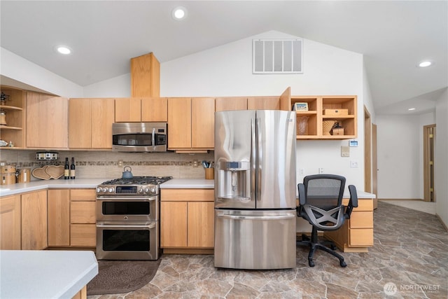 1166 Daniels Ave, Bremerton, WA 98312 - kitchen with stainless steel appliances, open shelves, light countertops, backsplash, and recessed lighting