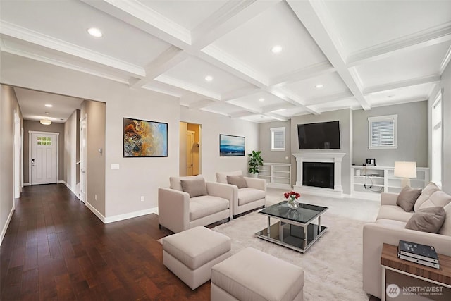 17702 SE 265th Ct, Covington, WA 98042 - living room featuring coffered ceiling, beam ceiling, recessed lighting, hardwood / wood-style floors, and a fireplace