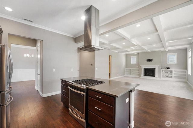 17702 SE 265th Ct, Covington, WA 98042 - kitchen featuring appliances with stainless steel finishes, island range hood, beamed ceiling, coffered ceiling, and recessed lighting