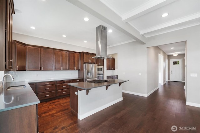 17702 SE 265th Ct, Covington, WA 98042 - kitchen with stainless steel appliances, island range hood, tasteful backsplash, a center island, and dark wood-style flooring