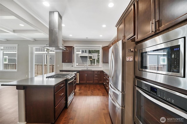 17702 SE 265th Ct, Covington, WA 98042 - kitchen with appliances with stainless steel finishes, island exhaust hood, dark wood-style flooring, beam ceiling, and a kitchen island