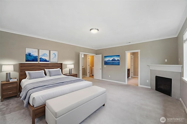 17702 SE 265th Ct, Covington, WA 98042 - bedroom with light colored carpet, ornamental molding, and a fireplace
