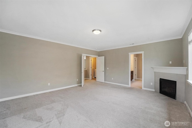 17702 SE 265th Ct, Covington, WA 98042 - unfurnished living room with a fireplace, crown molding, and light carpet
