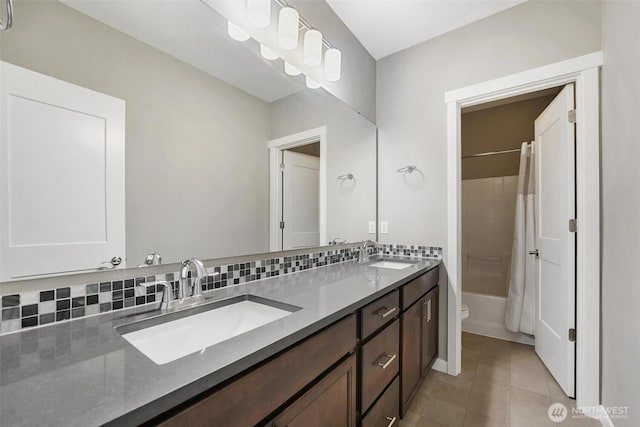 17702 SE 265th Ct, Covington, WA 98042 - full bath with double vanity, shower / tub combo with curtain, and tile patterned flooring