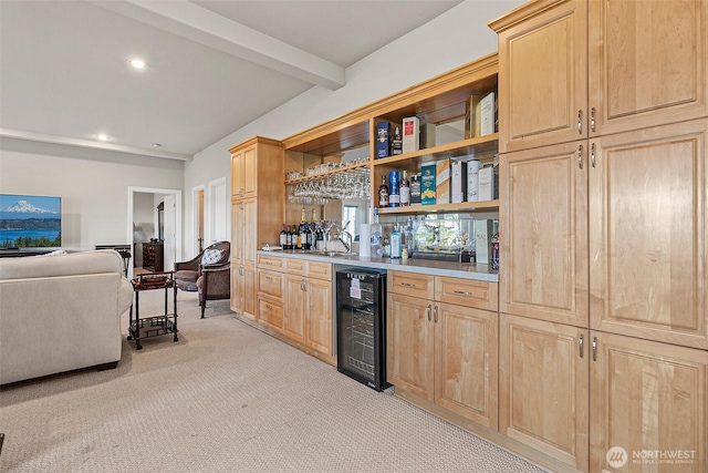 4316 Crystal Lane Loop SE, Puyallup, WA 98372 - indoor wet bar with wine cooler, light colored carpet, beamed ceiling, and recessed lighting