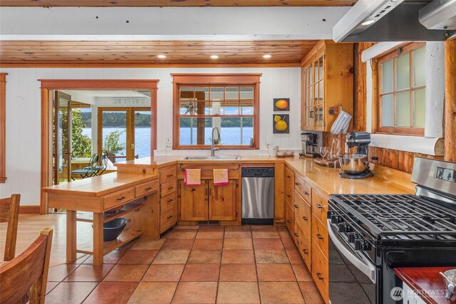 14010 SW Bates Rd, Vashon, WA 98070 - kitchen with stainless steel appliances, a sink, french doors, plenty of natural light, and wood ceiling