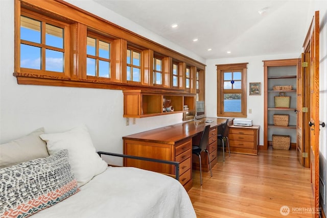 14010 SW Bates Rd, Vashon, WA 98070 - bedroom with light wood-type flooring, recessed lighting, and an office area