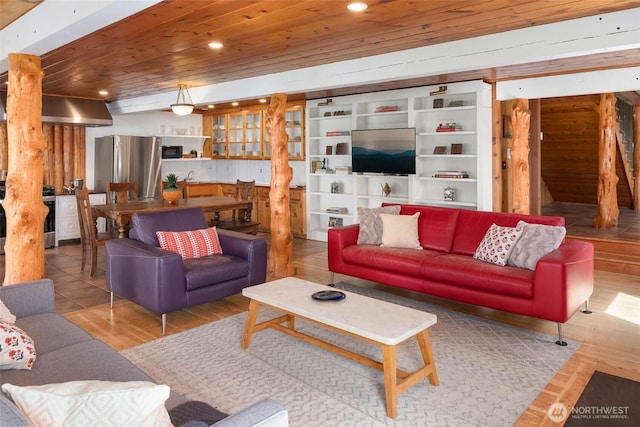 14010 SW Bates Rd, Vashon, WA 98070 - living room featuring recessed lighting, wood finished floors, wooden ceiling, and wood walls