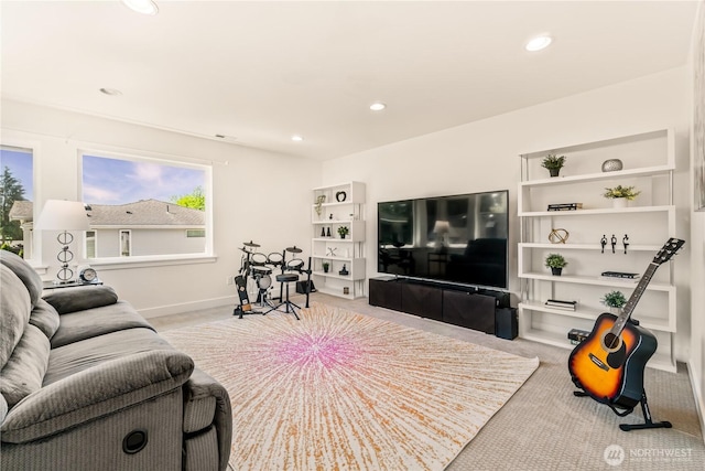 living room with carpet flooring, recessed lighting, and baseboards