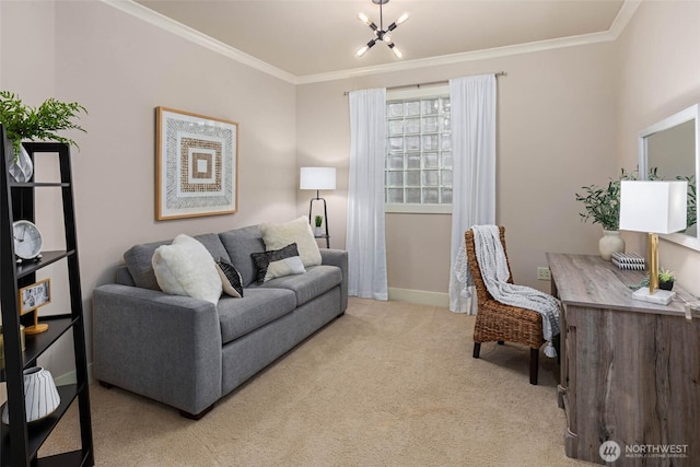 office space featuring carpet flooring, crown molding, a chandelier, and baseboards