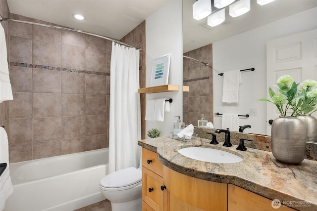 bathroom featuring shower / tub combo, toilet, tile patterned floors, vanity, and recessed lighting
