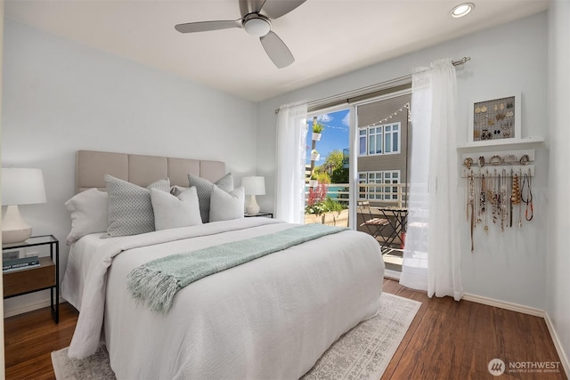 bedroom featuring baseboards, access to exterior, wood finished floors, recessed lighting, and ceiling fan
