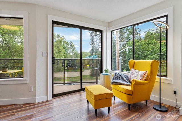 living area featuring plenty of natural light, baseboards, and wood finished floors
