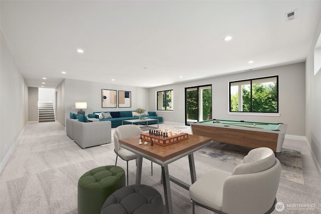 recreation room with light colored carpet, recessed lighting, billiards table, and baseboards