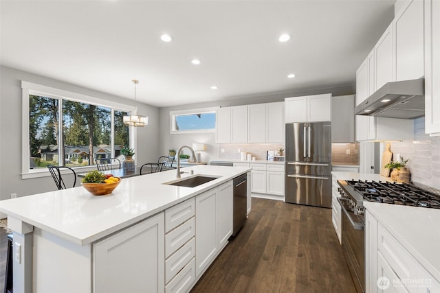kitchen featuring appliances with stainless steel finishes, a sink, extractor fan, recessed lighting, and light countertops