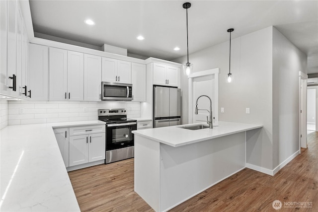 kitchen with appliances with stainless steel finishes, a sink, light wood finished floors, backsplash, and recessed lighting
