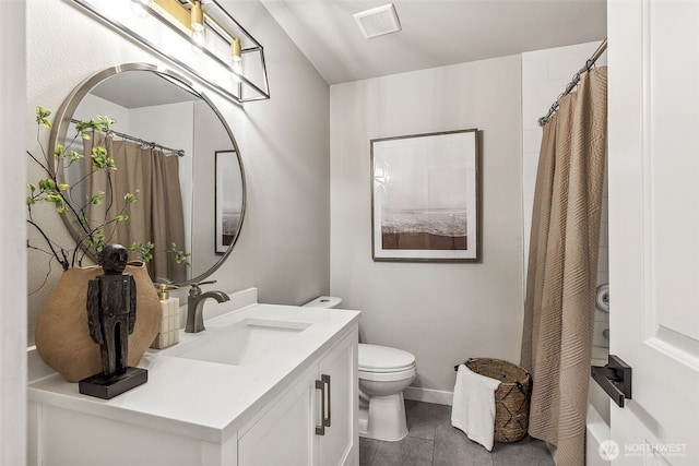 bathroom featuring toilet, vanity, baseboards, and a shower with curtain