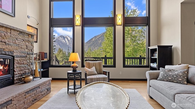 510 Dempsey Rd, Leavenworth, WA 98826 - living area featuring a high ceiling, wood finished floors, a mountain view, and baseboards
